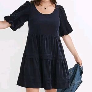 Madewell Corduroy Tiered Navy Blue Mini Dress Puff Short Sleeve Size XS